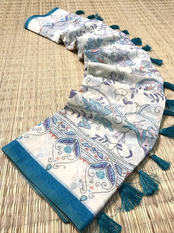 white_&_Blue_Pure_Malai_Cotton_Sarees_With_Katha_Print_Work_With_Blouse_Piece_Attached